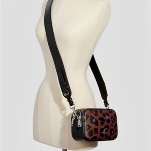 Coach Maroon Leopard Print Jamie Leather Crossbody Double Zipper Purse